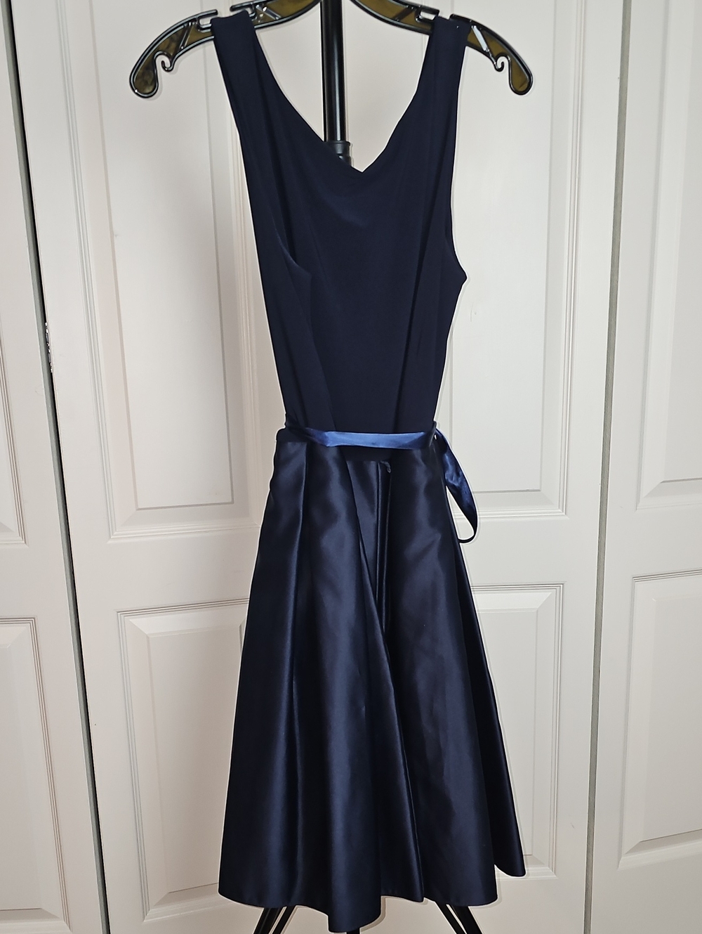 Betsy & Adam Navy Midi A-Line Dress with Satin Skirt With Pockets